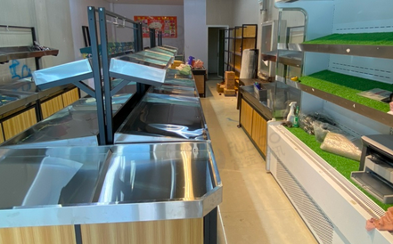 阜阳市地区生鲜店处理货架、风幕柜、收银台等