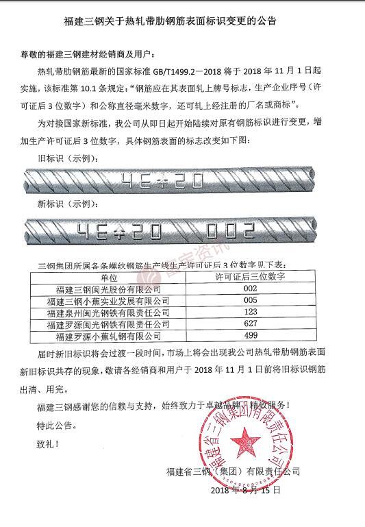 福建三钢关于热轧带肋钢筋表面标识变更的公告