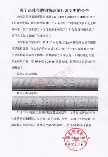 关于江苏沙钢集团热轧带肋钢筋表面标识变更公告